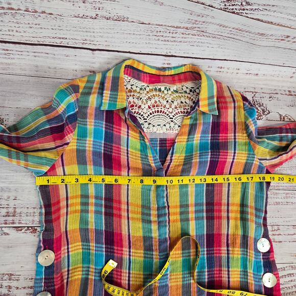 Soft Surroundings Kona Shores Plaid Button Shirt Sz PS Lace Detail Rainbow Color - Picture 9 of 13